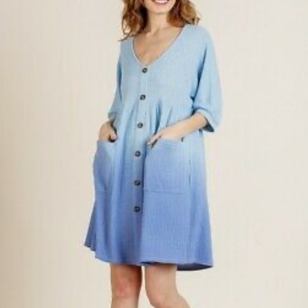 Umgee Blue Ombré Waffle Knit Tunic Dress Small